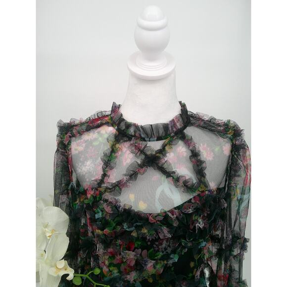 Beulah Womens Large Sheer Black Floral Ruffle Tull Mesh Romantic Mini Dress - Picture 2 of 14